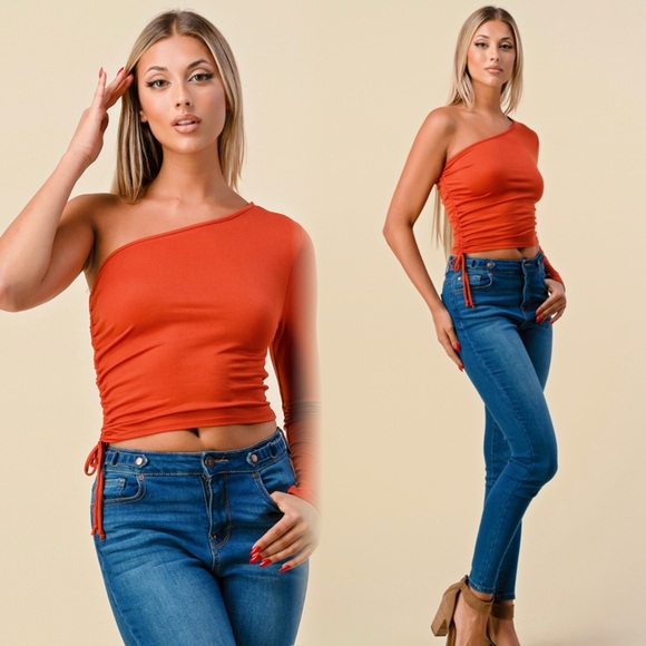 Heart & Hips One-Shoulder Rust Crop Top - Picture 4 of 10